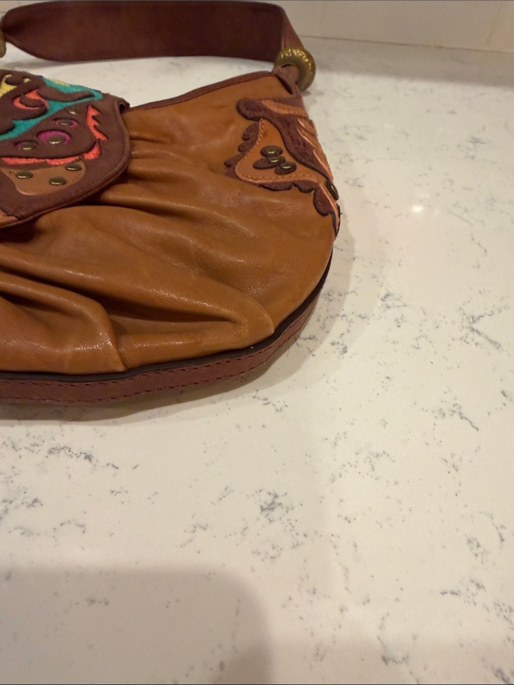 Y2K Colorful Western Brown Leather Shoulder Bag with Multicolor and Stud Flap - Picture 11 of 16